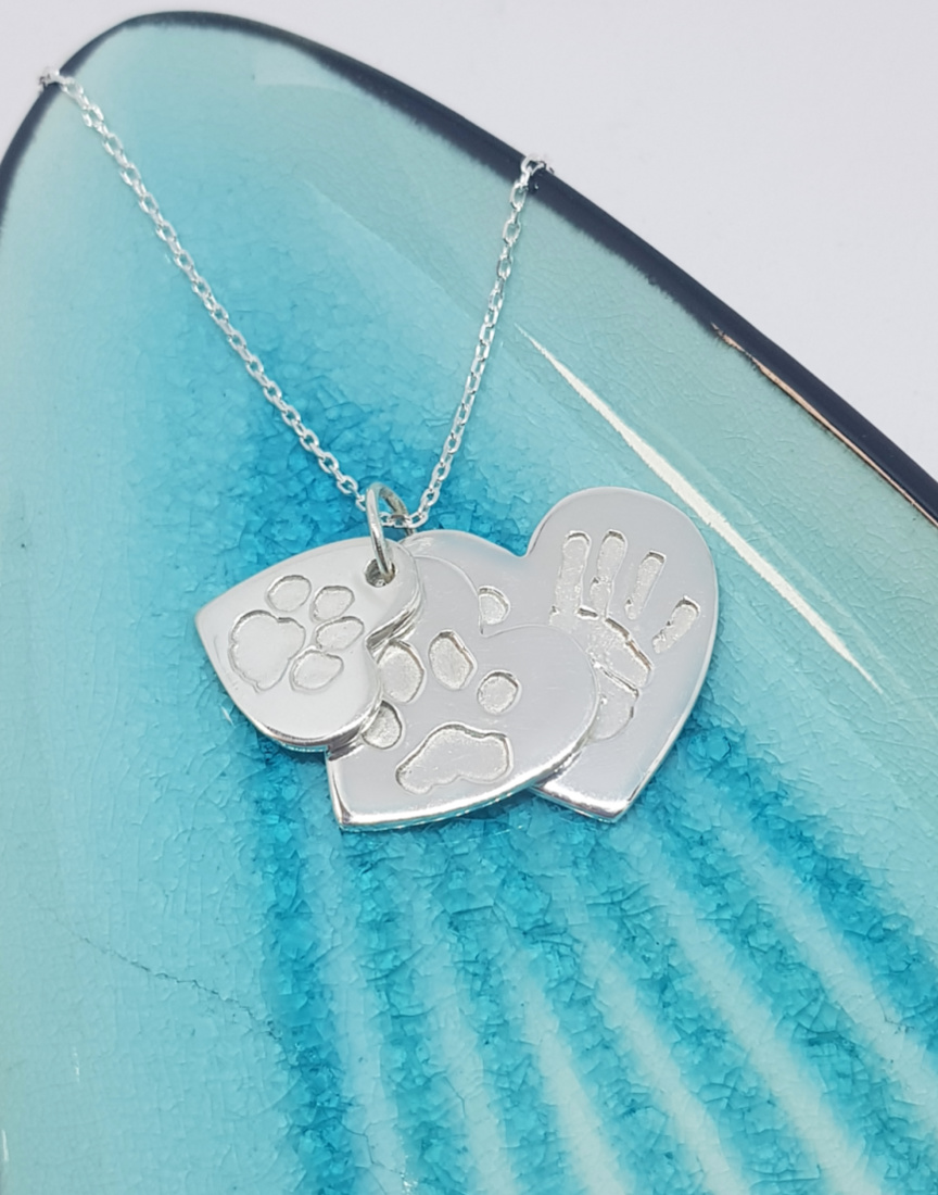 Triple print stacked heart silver necklace 